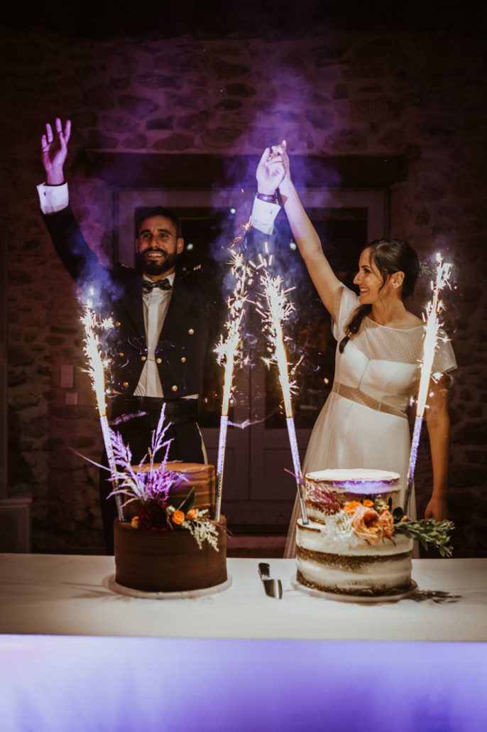 Présentation du wedding cake avec feux de Bengale et mise en lumière — mariage au Domaine de Tilh à Loubieng, Sud Évènements Sonorisation